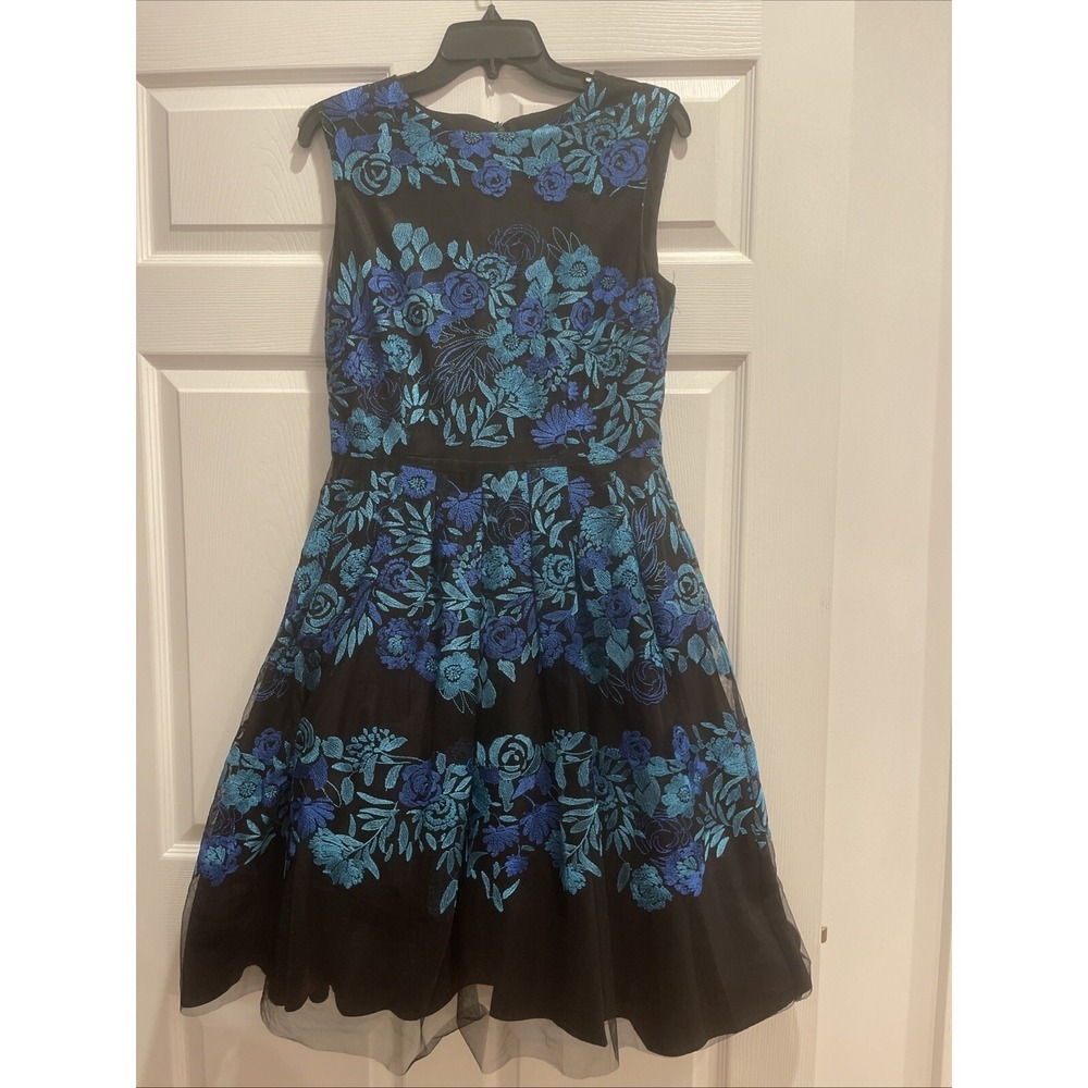 Tahari ASL Womens‎ Sz 8 Blue Black Embroidered Tulle Floral Fit & Flare Dress